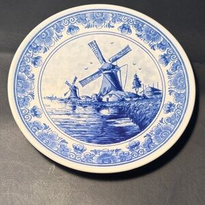 Delft Blauw Blue and White Decorative Plate with Windmill Design